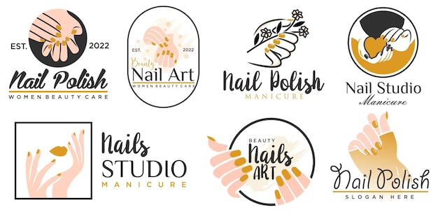 Nails art studio or nails polish icon set logo design template