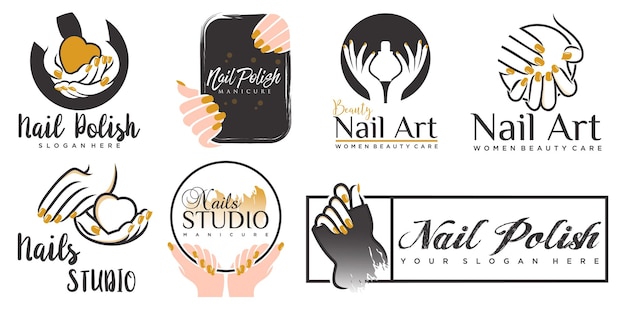 Nails art studio or nails polish icon set logo design template