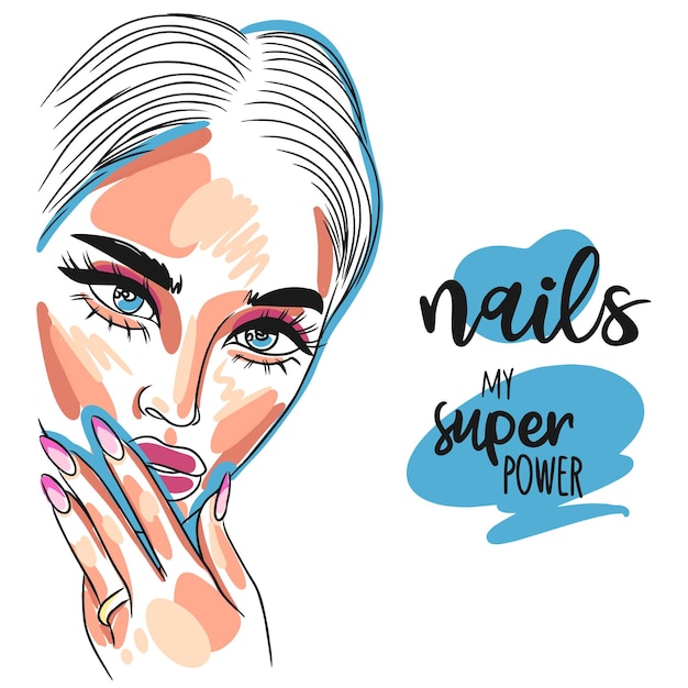 Nails my superpower handwritten quote portrait of a beautiful girl long nails