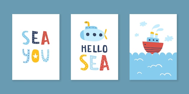 Naive sea posters set for nursery.