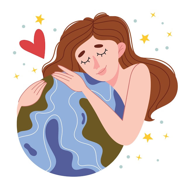 Naked girl hugs the planet.ReeveConcept of ecological way of life. Earth Day. Love for the planet. Minimalisn. Nature.