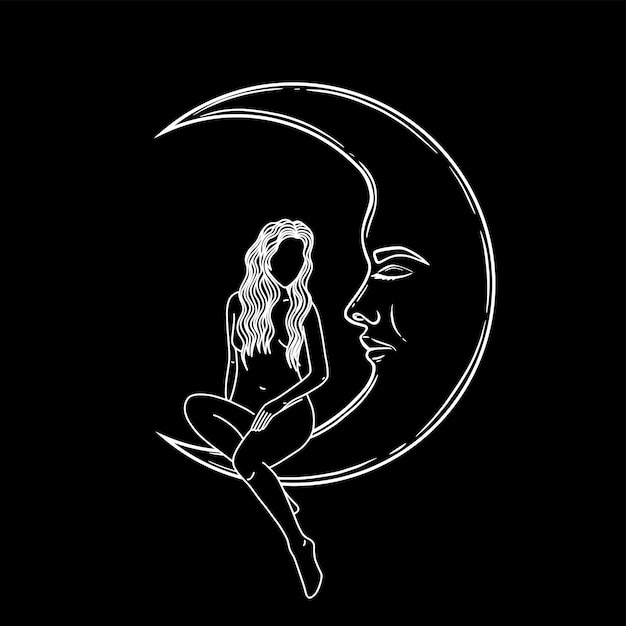 Naked woman sitting on the moon in trendy linear minimal style