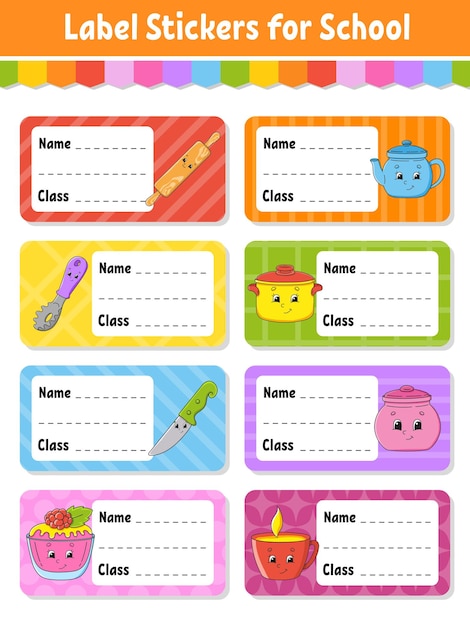 Name and class Back to school labels Set stickers for notebook Bright stickers Rectangular label