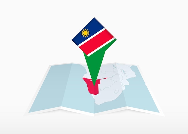 Namibia is depicted on a folded paper map and pinned location marker with flag of Namibia.