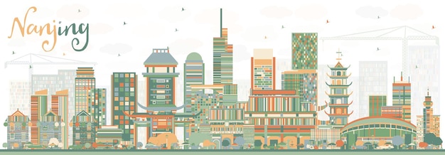 Nanjing China Skyline with Color Buildings. Vector Illustration. Business Travel and Tourism Illustration with Modern Architecture.