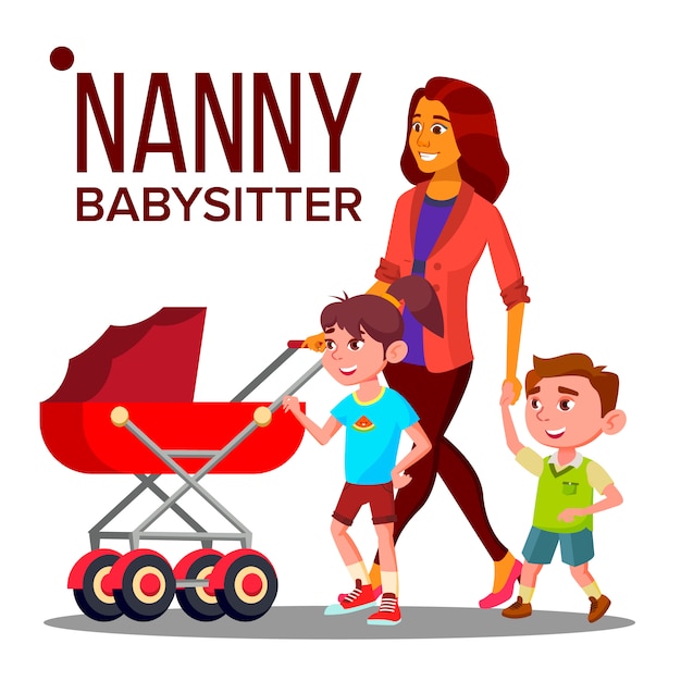 Nanny Woman . Babysitter Nanny With Children. Care Family Design