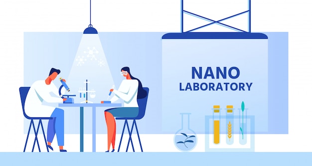 Vector nano laboratory banner with scientists characters