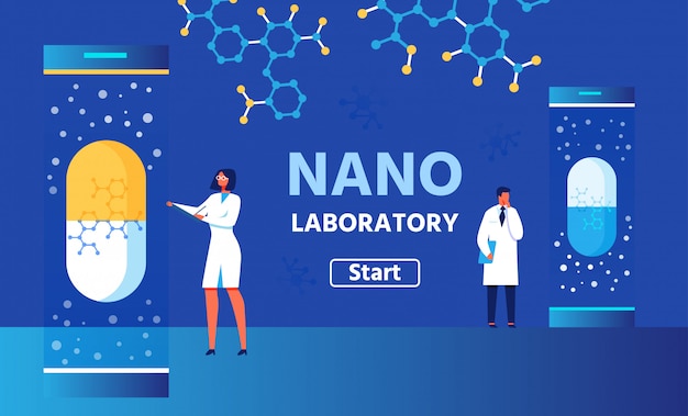 Nano Laboratory Color Banner with Start Button. VEctor Man and Woman Researchers 