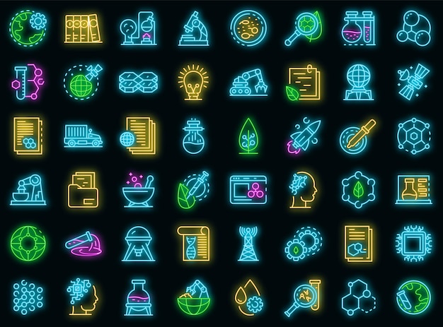 Nanotechnology icons set. Outline set of nanotechnology vector icons neon color on black