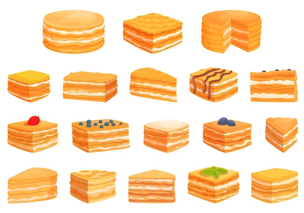 Napoleon cake icons set cartoon vector Food wedding