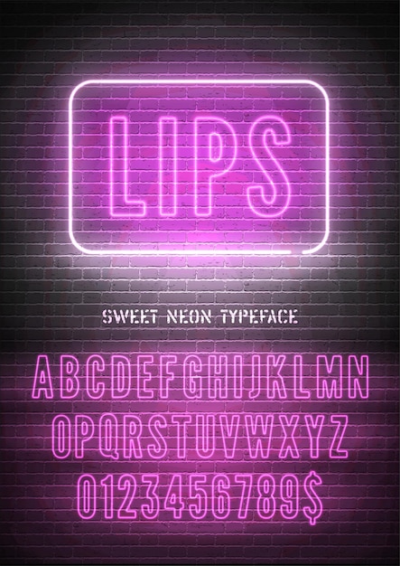 Narrow pink neon font with numbers on brick wall background Vector hollow lips night light box sign