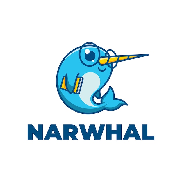 Narwhal whale logo template. Sea life animal vector design. Cute cartoon narwhal illustration