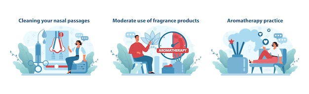 Nasal hygiene and aromatherapy set illustrations on nasal cleaning fragrance use moderation and