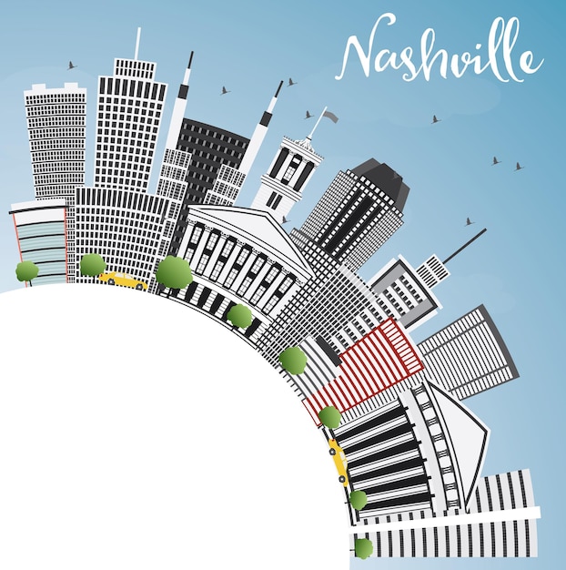 Nashville Skyline with Gray Buildings, Blue Sky and Copy Space. Vector Illustration. Business Travel and Tourism Concept with Modern Architecture. Image for Presentation Banner Placard and Web Site.