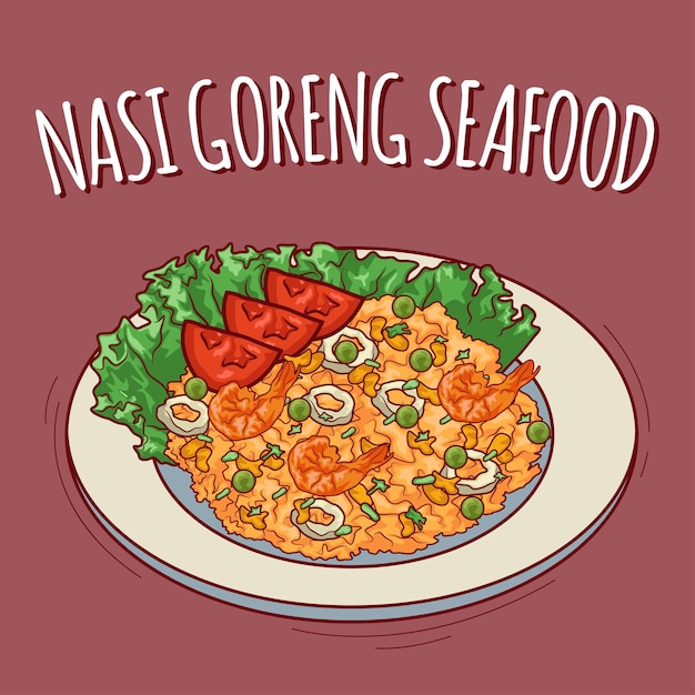 Nasi Goreng Seafood illustration Indonesian food with cartoon style