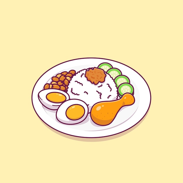 Nasi uduk with egg chicken peanut and cucumber cartoon vector