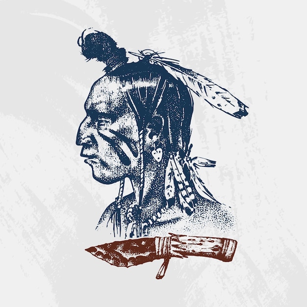 National American and native Indian traditions Knife and Ax tools and instruments engraved hand drawn in old sketch a man with feathers on his head emblem or logo