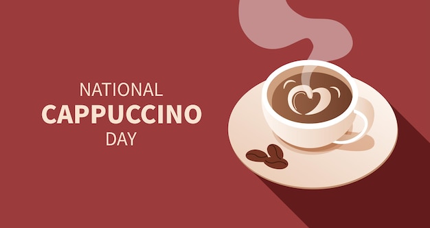 National Cappuccino Day Background White mug of cappuccino with foam and heart shape drawing