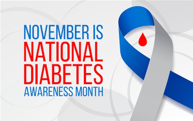 National Diabetes Awareness Month concept. Banner template with blue and grey ribbon. Vector illustration.