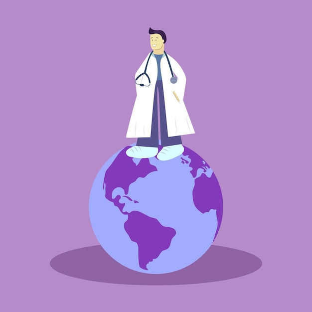 Vector national doctors day the doctor stands on top of the planet flat vector illustration