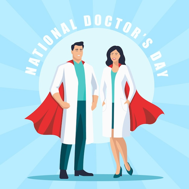 Vector national doctors day male doctor and female doctor with red superhero cape vector illustration