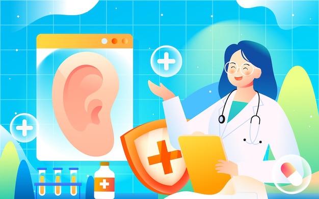 National ear care day, doctor checks ears for patient with shield and medicine on background, vector