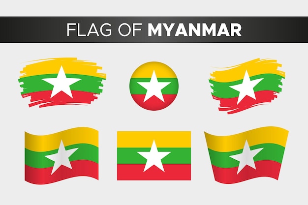 National flag of myanmar or burma in brush stroke wavy circle button style and flat design