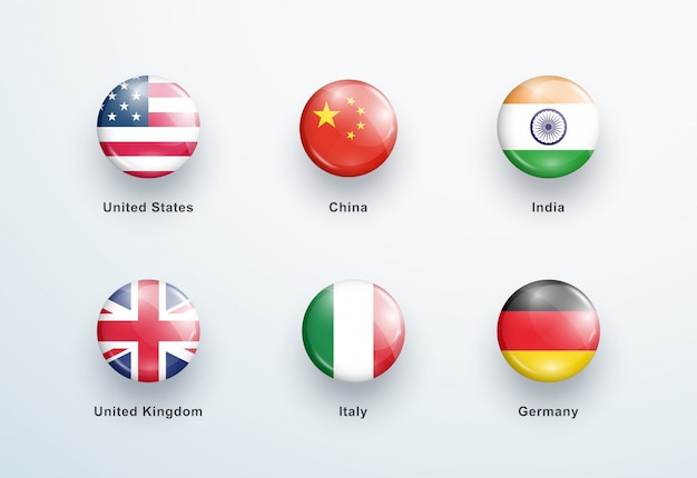 National Flags Round Glossy Buttons Icons Set