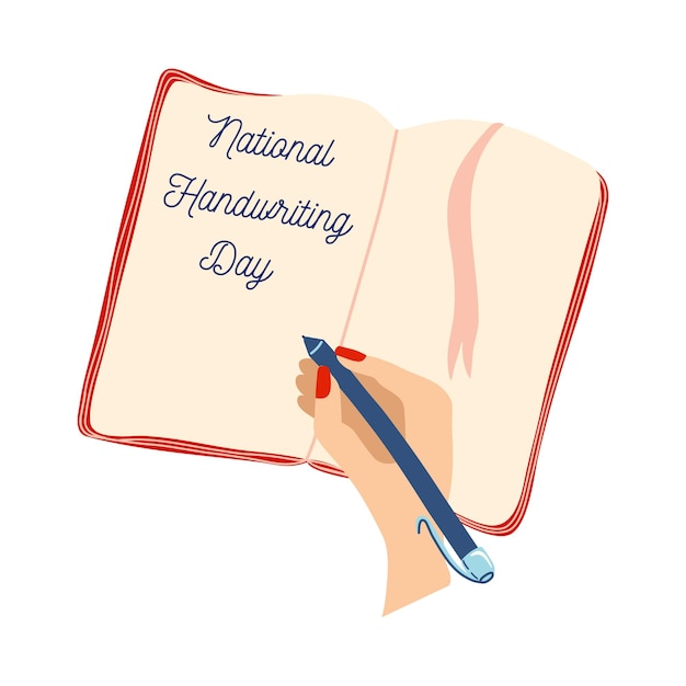 National Handwriting Day banner. Hand is writing in notebook with pen. Vector illustration