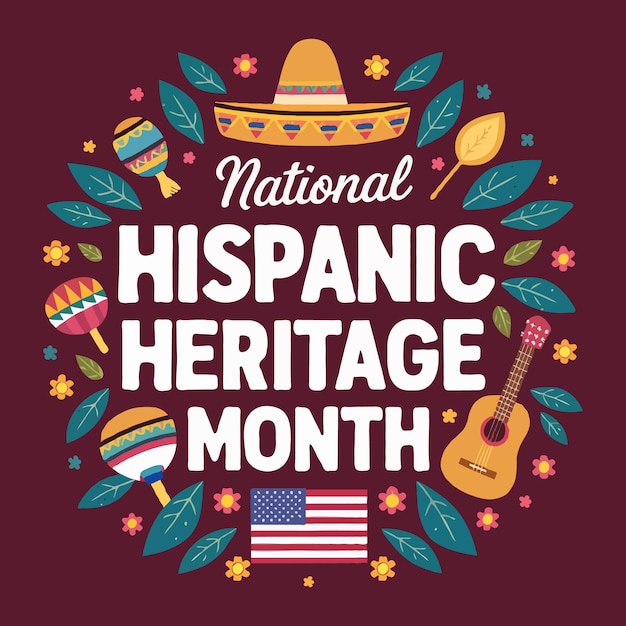 Vector national hispanic heritage month banner with leaves flowers hat guitar and flag vector pattern