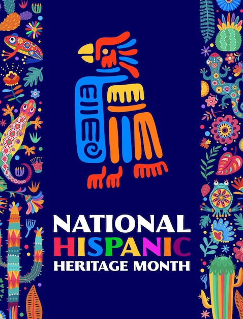 National Hispanic Heritage Month festival flyer or poster with Mayan Aztec totem Mexican or Spanish festival banner Latin America culture celebration vector invitation card with lizard flowers