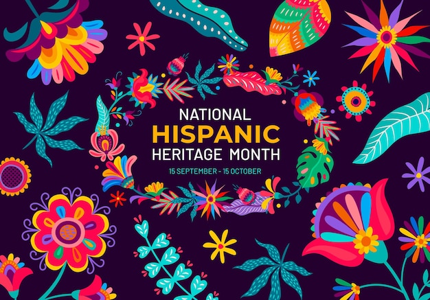 National Hispanic heritage month flyer with tropical flowers and plants vector background Mexican culture and traditions day in Mexico or Latin America poster with national traditional art ornament