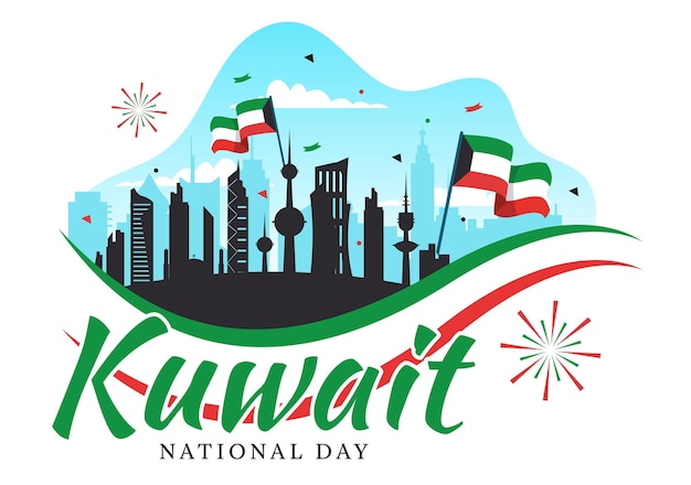 Vector national kuwait day vector illustration on february 25 with waving flag and independence celebration