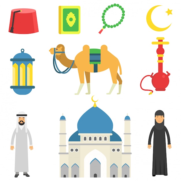 National Muslim cultural symbols. Koran, rosary, lantern, camel, mosque, hookah, fez, Arabian people in traditional clothes. Isolated flat   icons