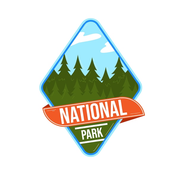 Vector national park badge design with trees and sky emblem for forest conservation and outdoor adventure