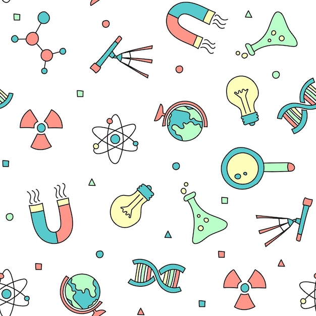 National Science Day Objects hand-drawn vector pattern in doodle style.