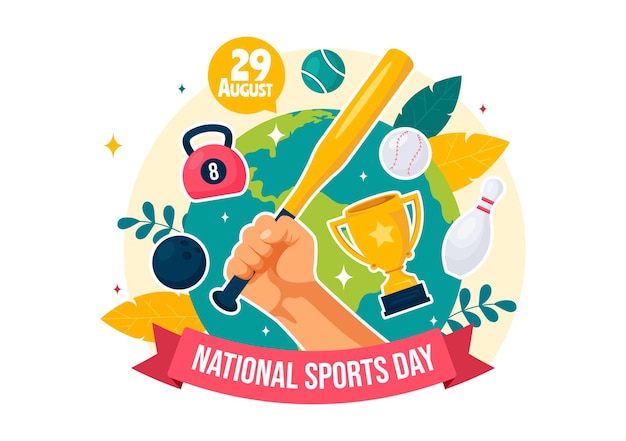 Vector national sports day vector illustration featuring athletes from various sports and equipment in a flat style cartoon background