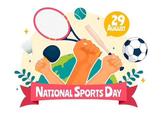 Vector national sports day vector illustration featuring athletes from various sports and equipment in a flat style cartoon background