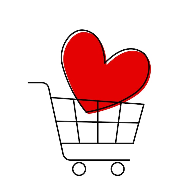 Vector national valentine shopping reminder day simple black line cart with big red heart editable stroke vector illustration