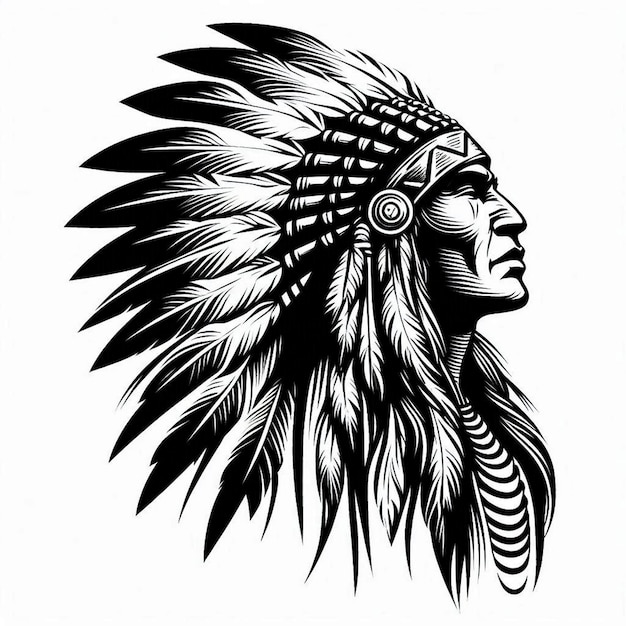 Vector native american chief silhouette contour drawing white black white background