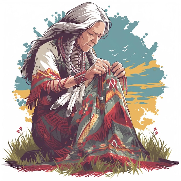 Native American Elderly Woman Making Beadwork