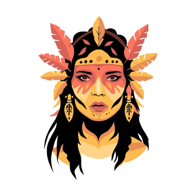 Native American Indian Beautiful Woman Face Ethnic Peru Aztec Navajo vector portrait with feather decoration