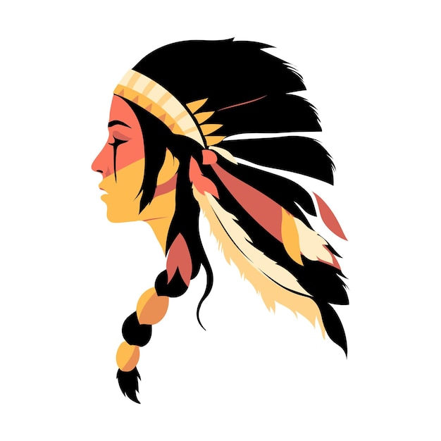 Native American Indian Beautiful Woman Face Ethnic Peru Aztec Navajo vector portrait with feather decoration