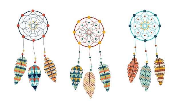 Native American Indian Dream Catchers set Mandala and feathers Ethnic spiritual talisman Vector