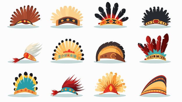 Vector native american indian hat with feathers icon set isolated on white background