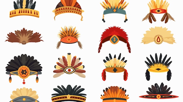 Vector native american indian hat with feathers icon set isolated on white background