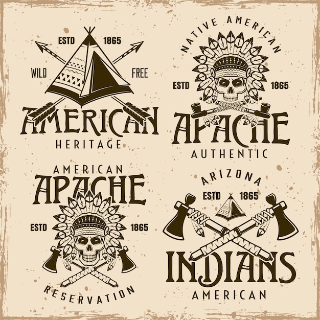 Native american indians set of four vector emblems labels badges or logos in vintage style on dirty background with grunge textures