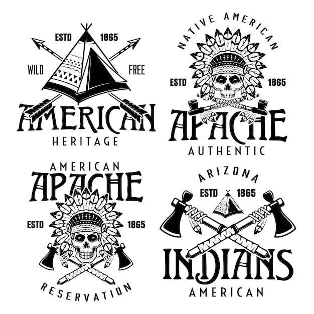 Native american indians set of four vector vintage emblems labels badges or logos in monochrome style isolated on white background