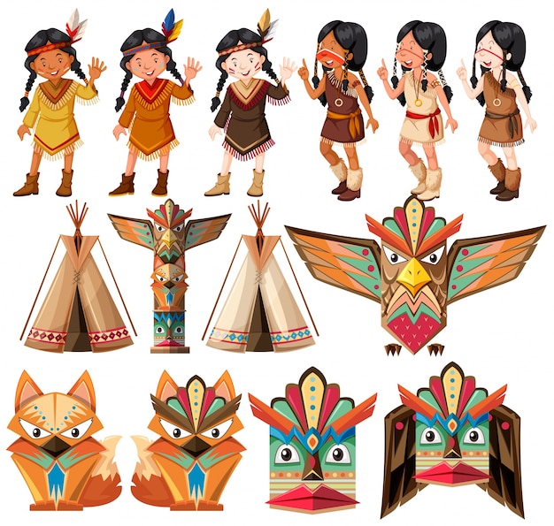 Native american indians and traditional craft set illustration