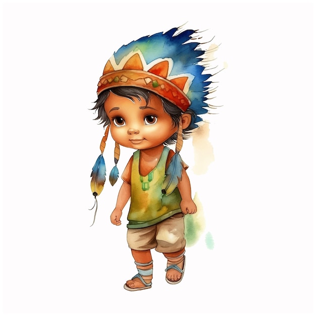 Native American little boy watercolor paint